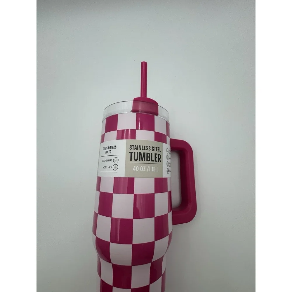 Stainless Steel 40oz Quencher H2.0 FlowState Tumbler Fuchsia Checker Pink NEW